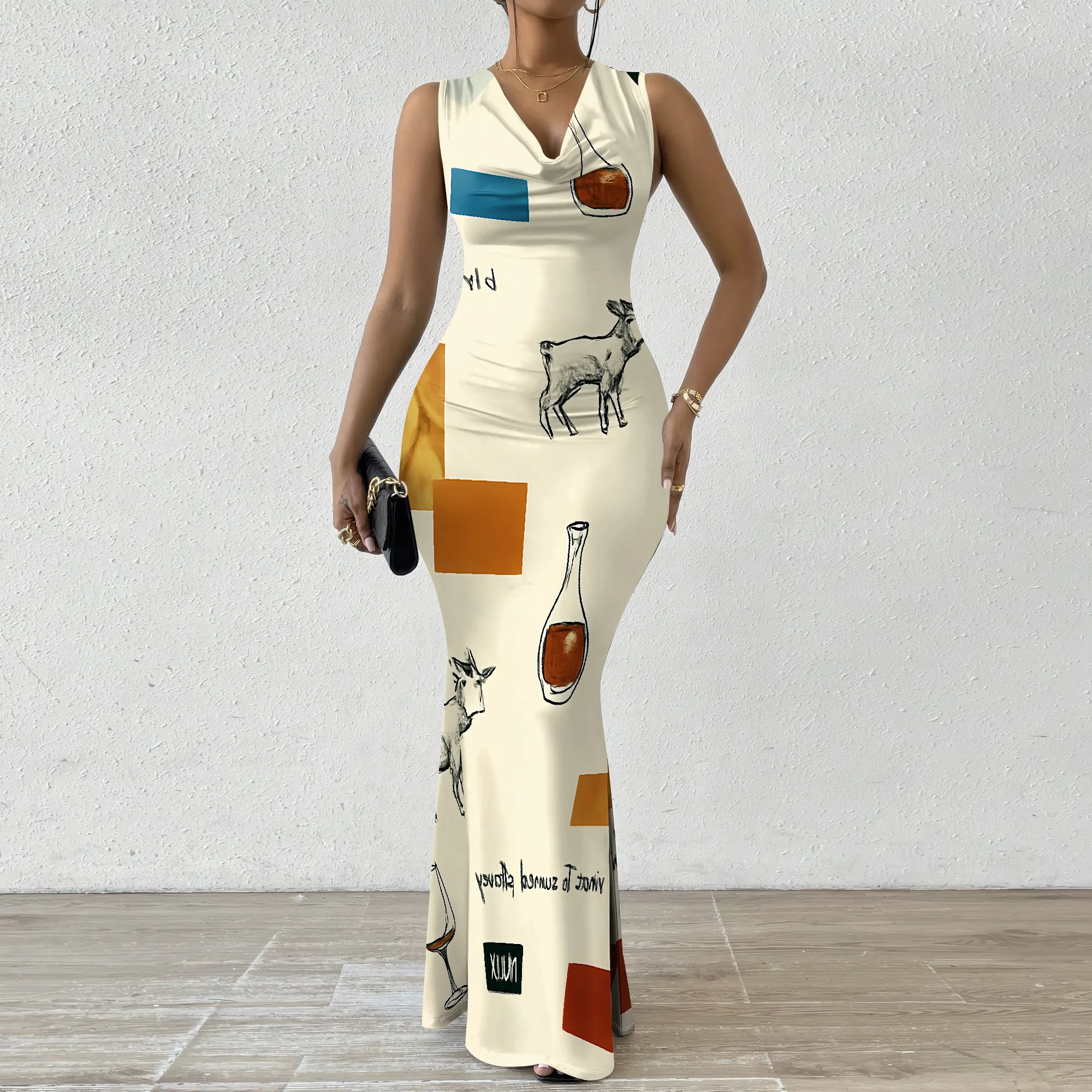 

Artistic Goat & Wine Print Maxi Dress XS-2XL Sleeveless V-Neck Bodycon Dress for Women Creative Street Style Wear