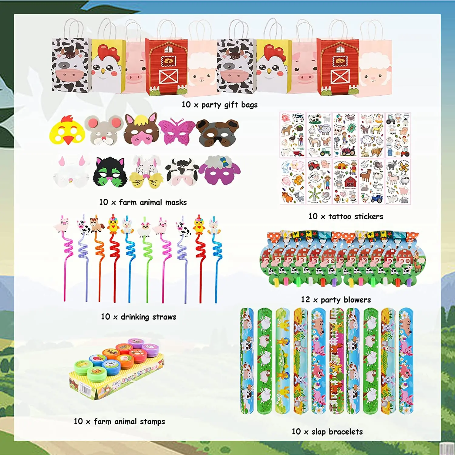 Sursurprise-Farm Animals Party Favors Set, Animal Masks Sticker, Pat Circle Bracelet, Stamper Gift Bags for Kids Birthday, 72Pcs