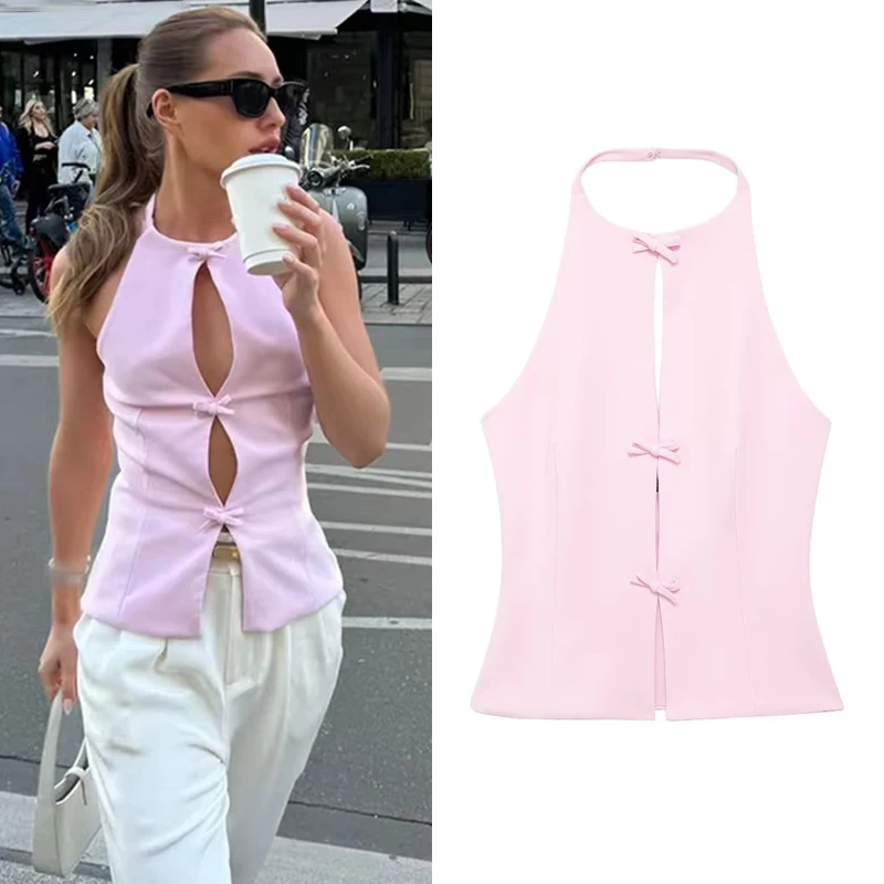 HXAO 2024 Women Fashion Bow Solid Halter Tops Women Hollow Out Sleeveless Backless Tank Top Summer 2024 Elegant Vest Office Lady