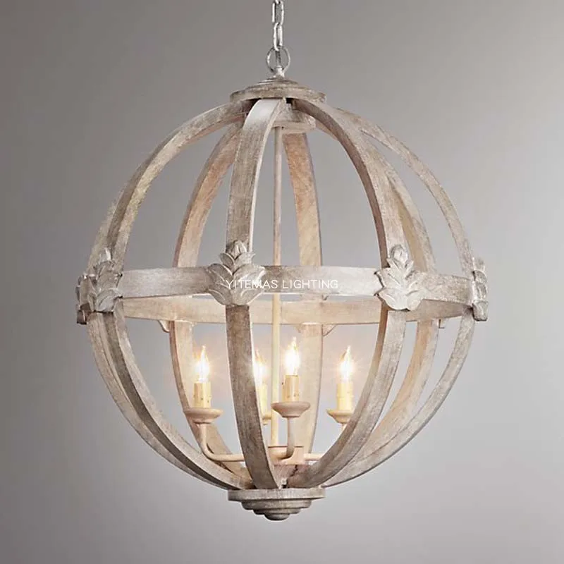 

American Retro Chandelier Solid Wood Carved Bedroom Dining Room Mediterranean Round Spherical Living Room Decorative Lamp