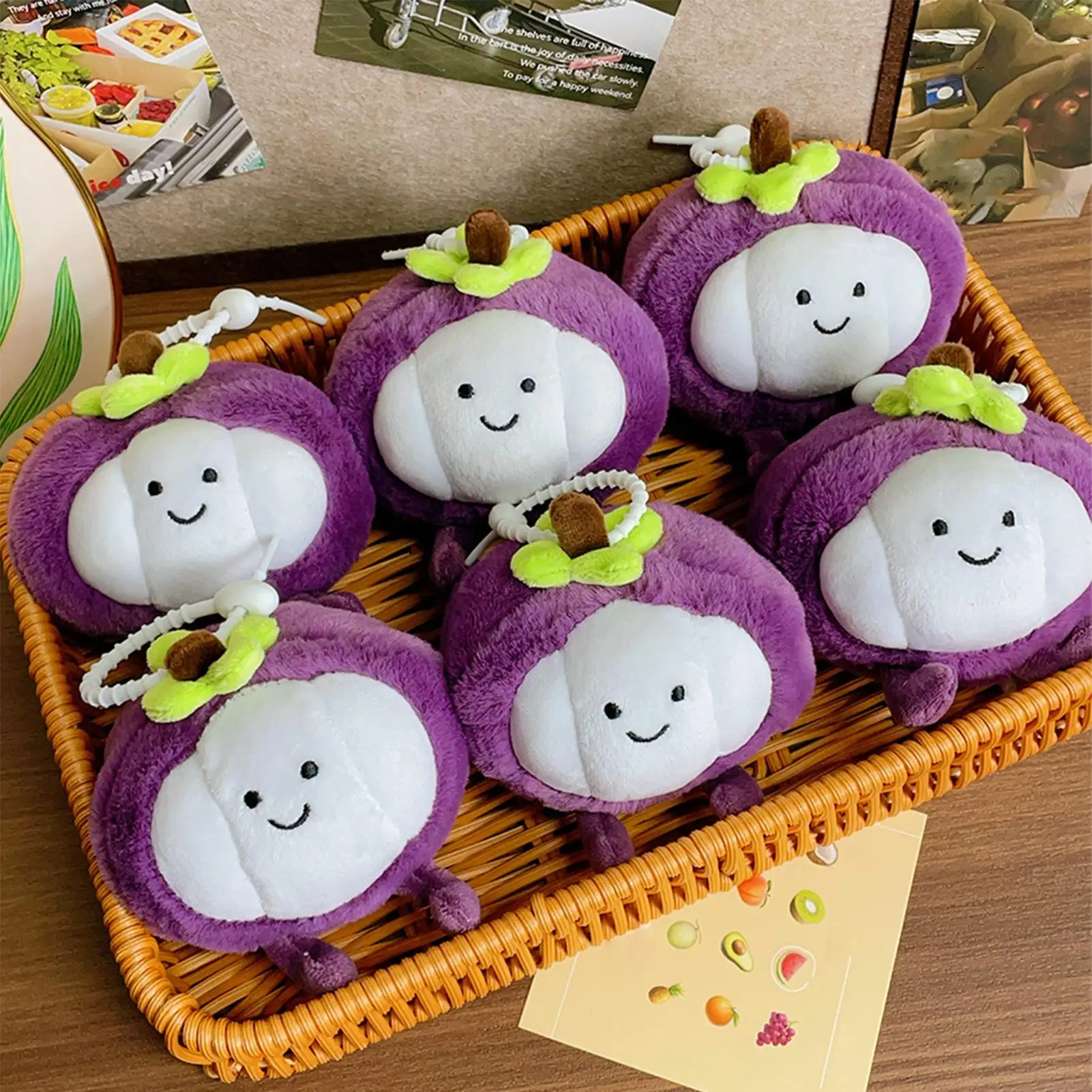 Lindo bolso de peluche de mangostán, colgante de fruta de peluche suave para mochila, bolso, llavero, decoración Kawaii divertida para niños, adultos, escuela