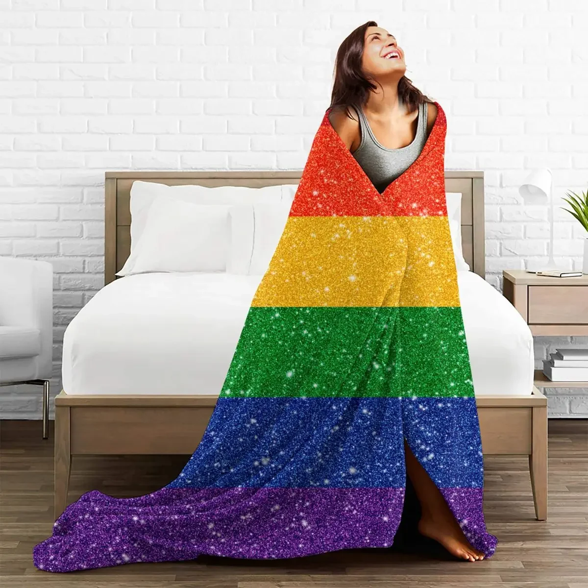 Faux Glitter Rainbow Pride Flag Blankets Fleece All Season Multi-function Soft Throw Blanket for Bed Couch Plush Thin Quilt