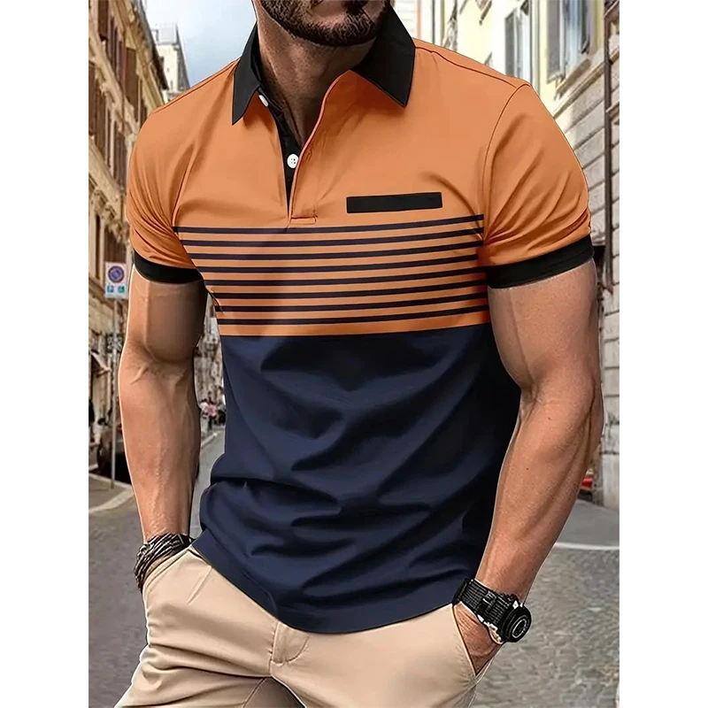 Letnia New Casual Fashion wszechstronna koszulka Polo męska zapinana na klapę Color Block nadruk patchworkowy prążkowana koszulka z długim rękawem