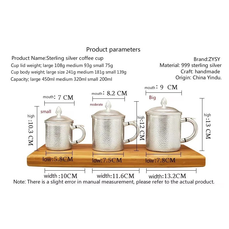 Handmade Pure Silver Series Silver Cup Tea Cup 999 Pure Silver Mark Heat Insulation Household Tea Set