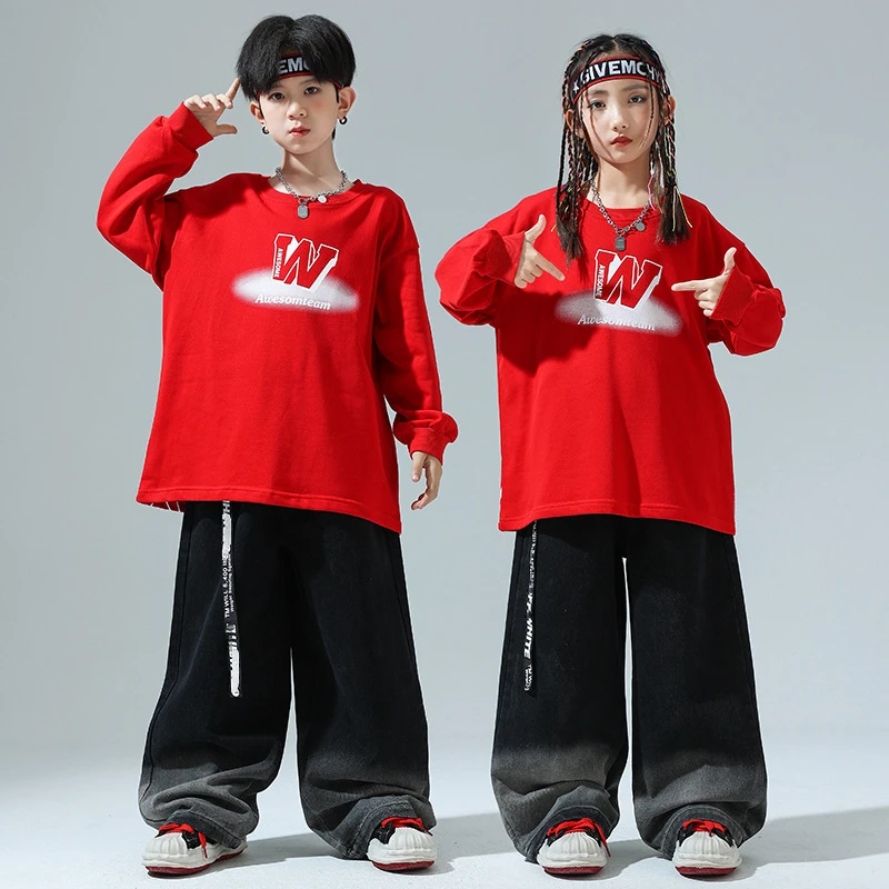 Kids Hip Hop Clothes Suit Boys Jazz Street Dance Costumes Kids Long Sleeve T Shirt Denim Pants Sets Ballroom Dancewear Clothing