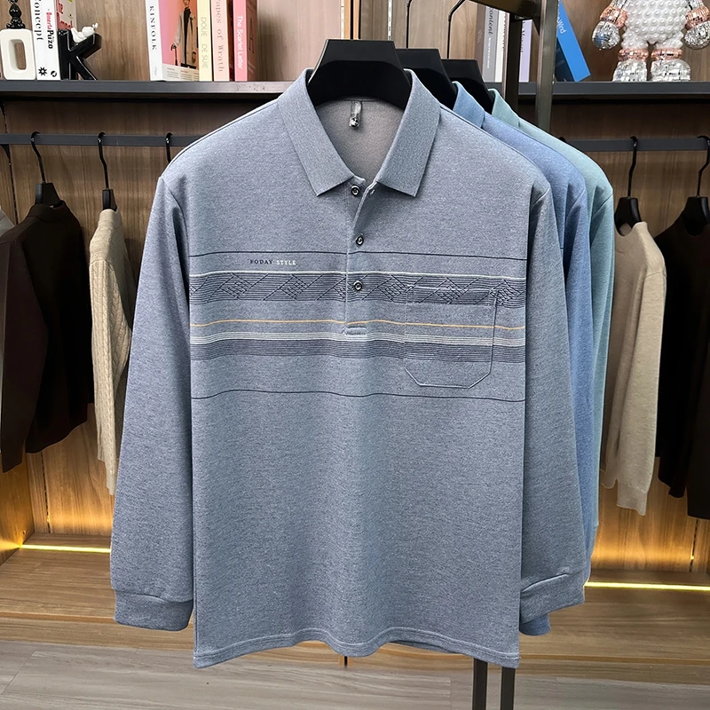 Light luxury striped printed long sleeve polo shirt men's new spring autumn business leisure pocket comfort high-quality T-shirt