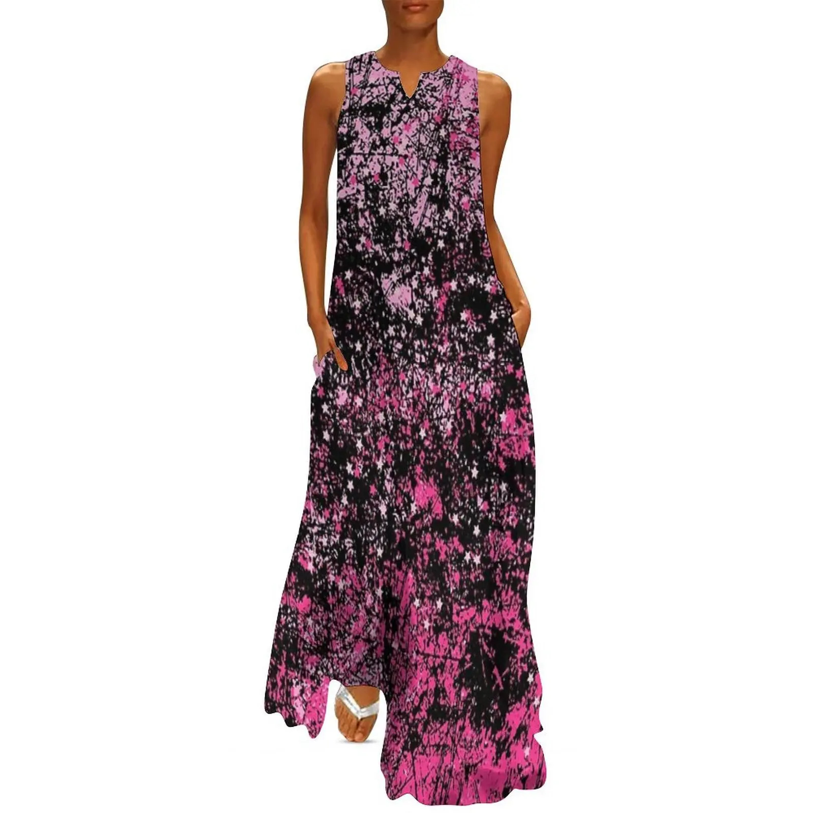 

Pink and Black Grunge Texture Color Splash Long Dress Dress vintage summer clothes for women Aesthetic clothing