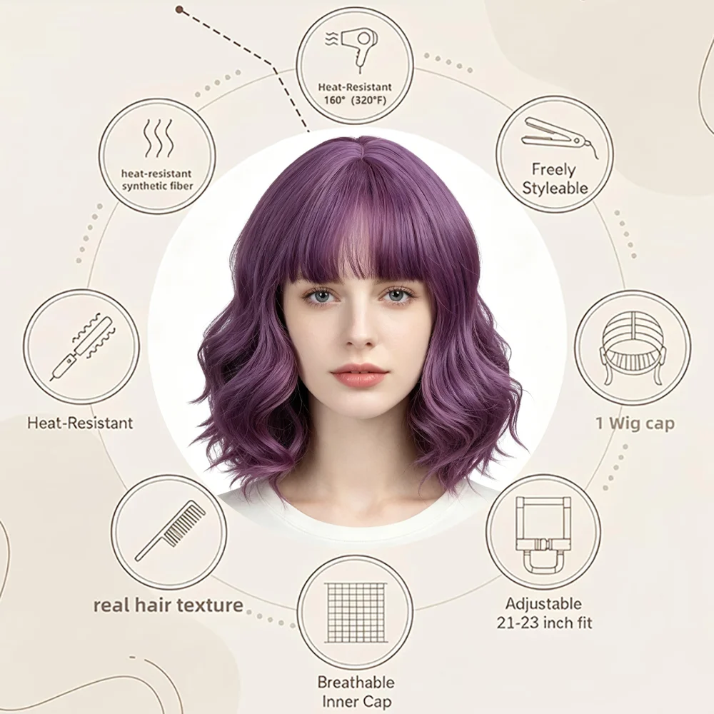 Purple Short Bob Wig For Women Wavy Curly with Air Bangs Heat Resistant Synthetic Natural Looking Daily Cosplay Halloween Wig