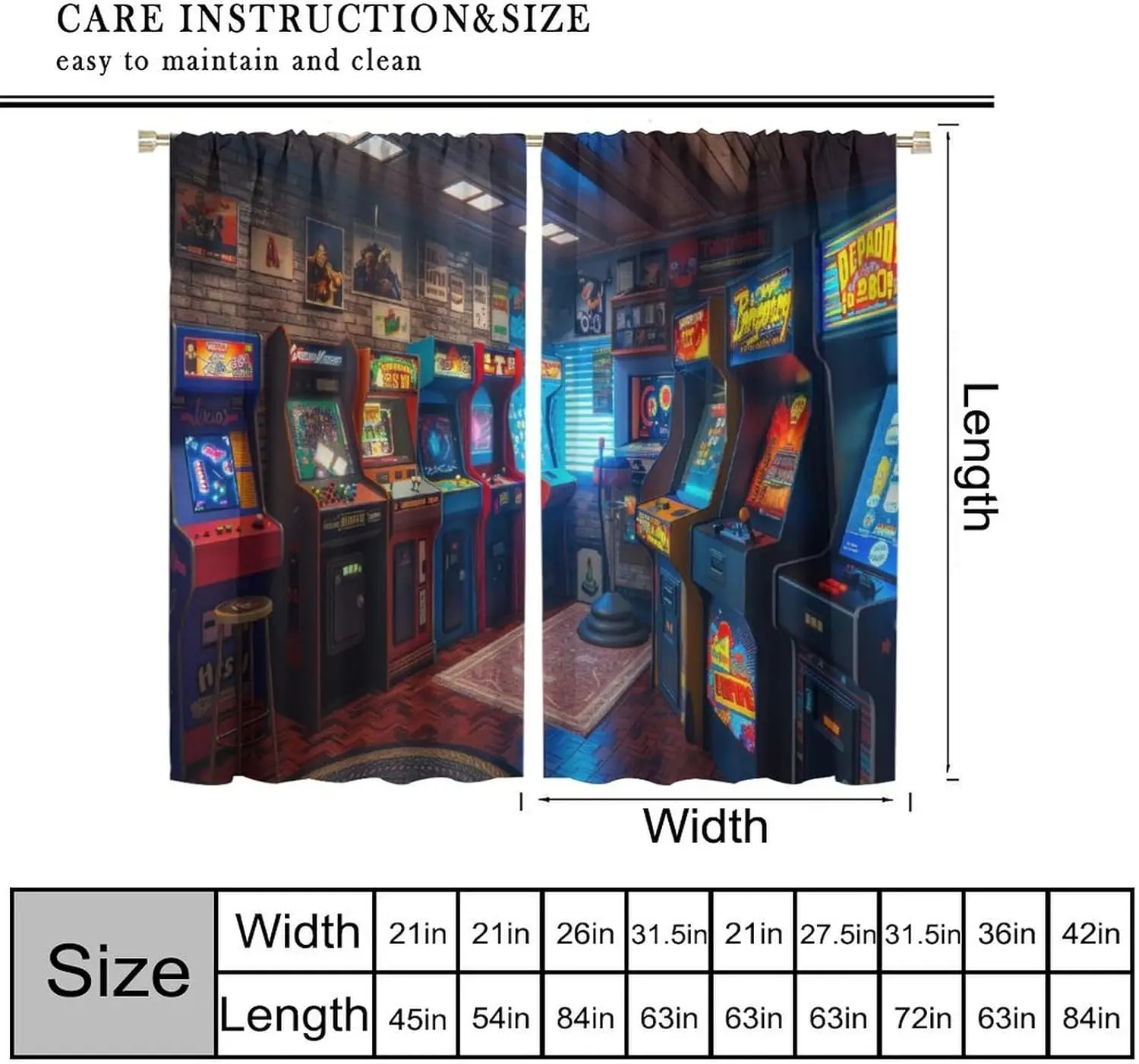 90s Arcade Blackout Curtains Glow in The Dark Cartoon Game Room Illustration Retro Pixel Design Window Treatments for Gaming