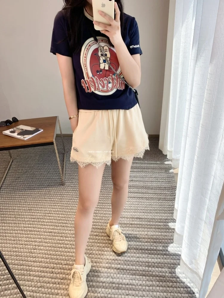 

Летние женские брюки свободного кроя из хлопка с кружевной отделкой, прямые, с высокой талией, стройнящие, в стиле слэш-стиль