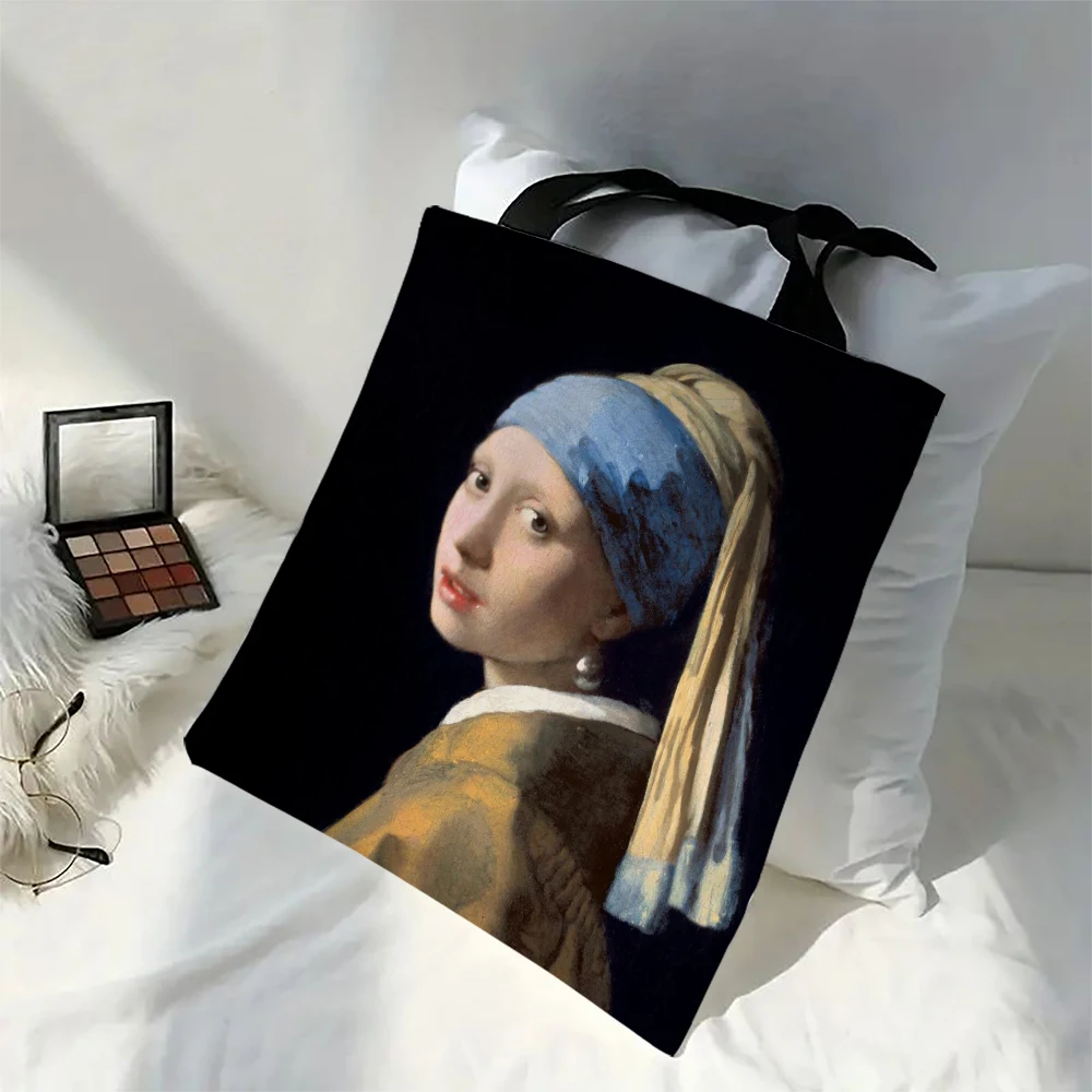 Oil Painting Printed Linen Bag Women's Lightweight Tote Bag Daily Handbag Multi-functional Shopping Bag High-Definition Digital