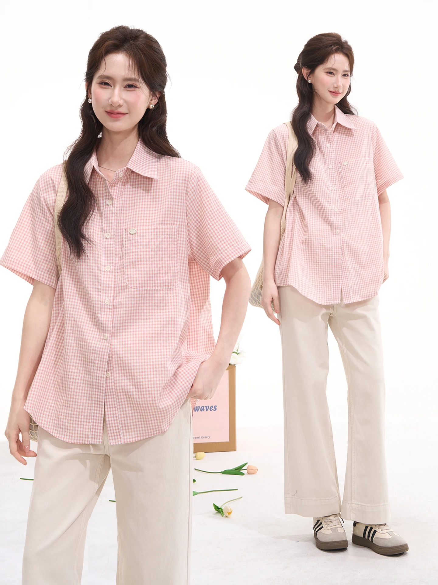 

Heme Floral Field Window Gentle Pink Plaid Shirt Women's Casual Short Sleeve Commute Spring Summer Cotton Loose Fit Shirt