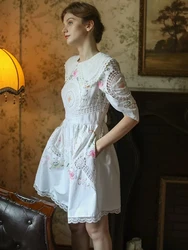 86-96cm Bust Spring Summer Women French Style Vintage Handmade Exquisite Full Embroidered White Cotton Dresses