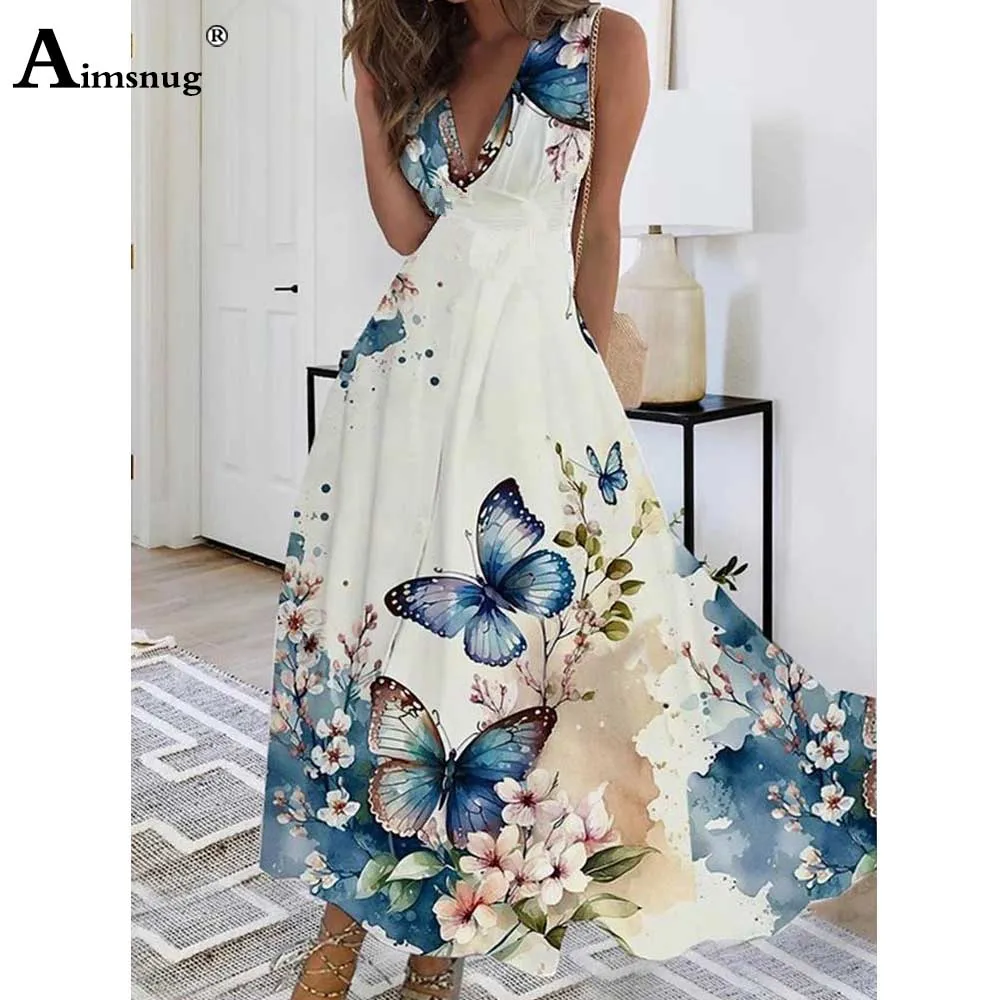 Vestido largo bohemio con estampado de flores para mujer, traje elegante informal de verano con cuello en V para fiesta, talla grande, 2023