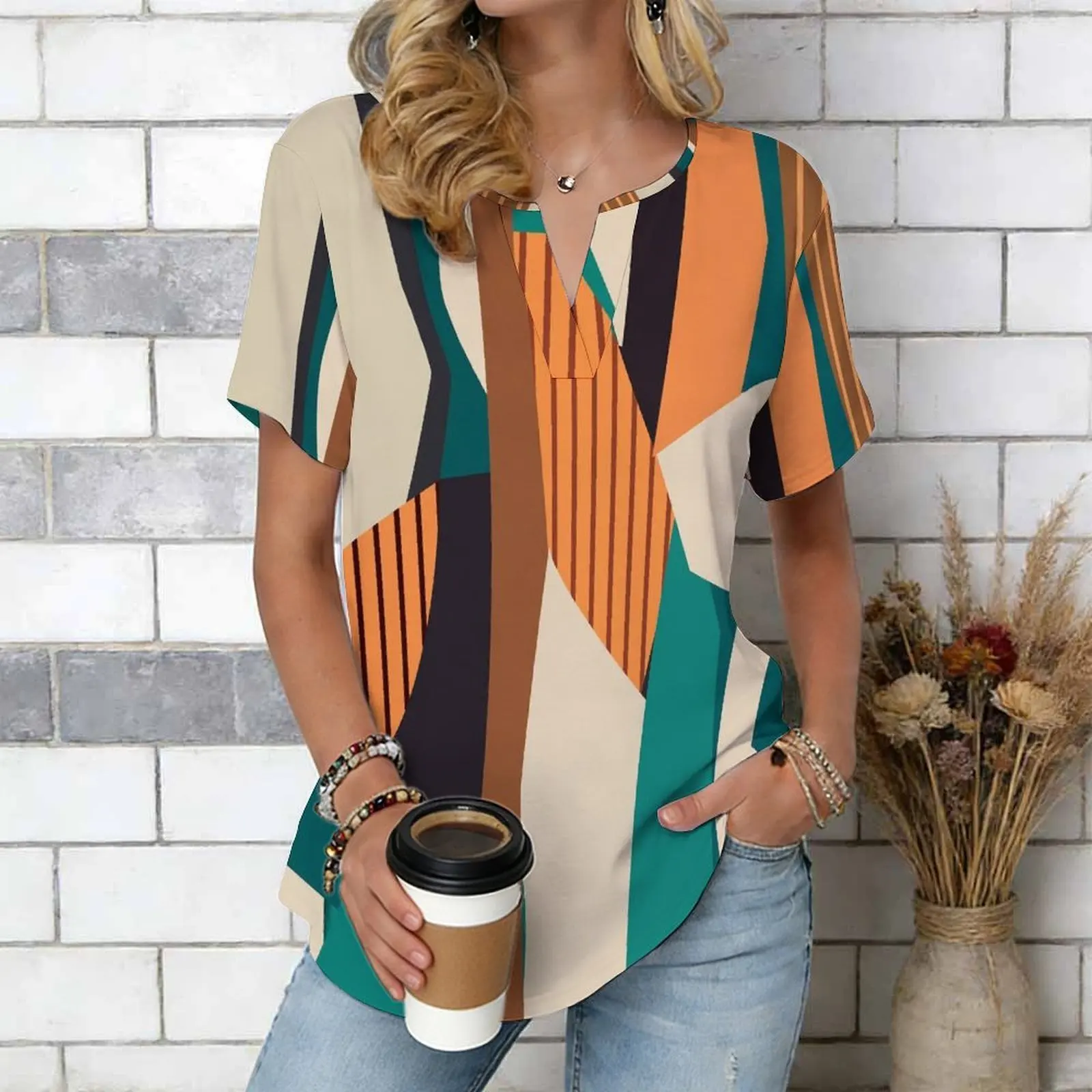 Women Print Notched V Neck Short Sleeve Casual Loose Tunic Tops