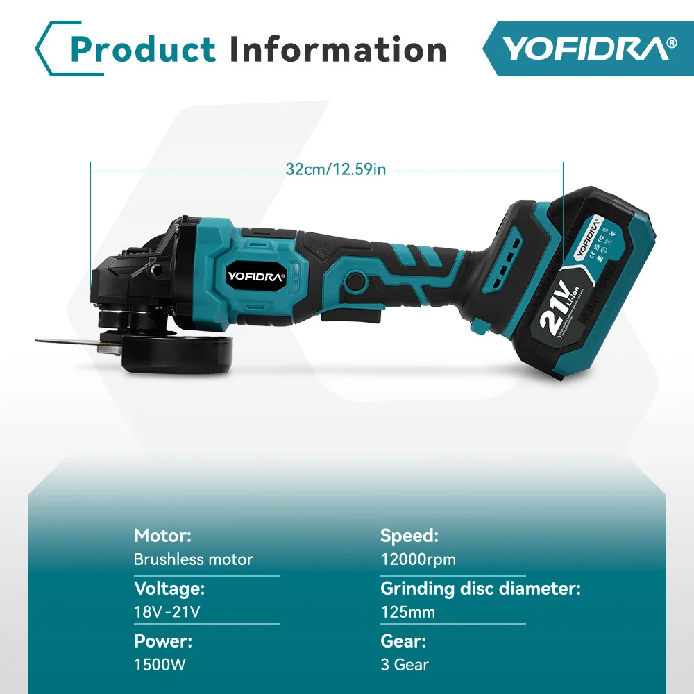 YOFIDRA 125MM Brushless Electric Angle Grinder 3000W 3Gears Polishing Cutting Machine Wood Power Tool For Makita 21V Battery Pin