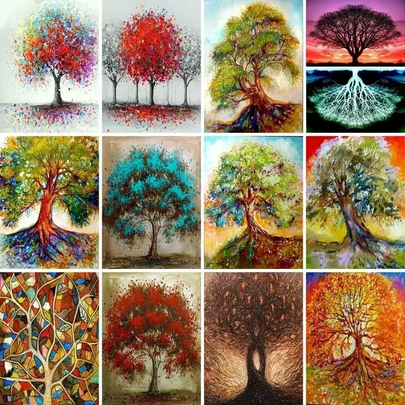 

615554Oil Painting By Numbers Tree On Canvas With Frame Handmade Drawing Paints Landscape Picture Coloring By Number Decorat