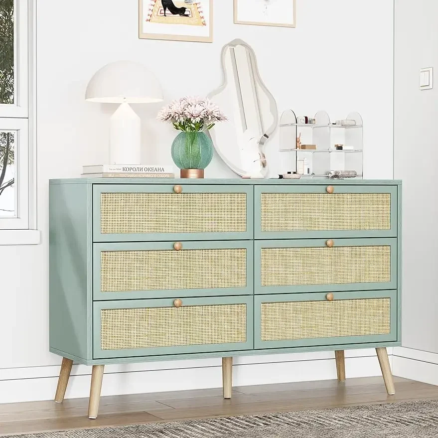 Natural Rattan 6 Drawers Dresser for Bedroom, Mid-Century Modern Dresser with Wood Handles for Closet, Living Room, Mint