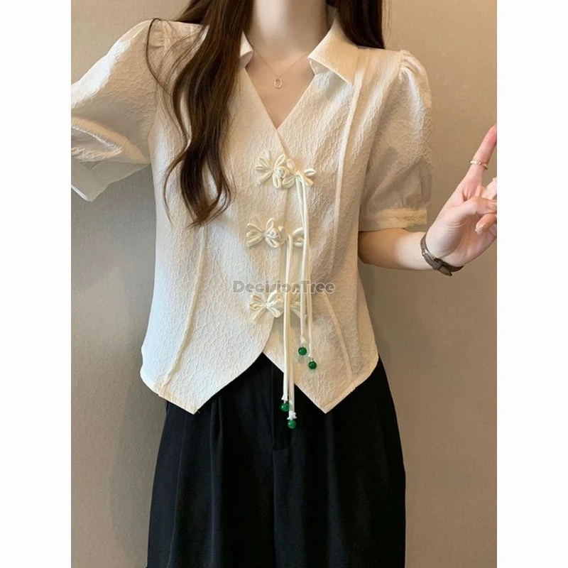 

2024 vintage chinese style temperament tang suit top v-neck button tassel irregular top summer fashionable chic slim lady blouse