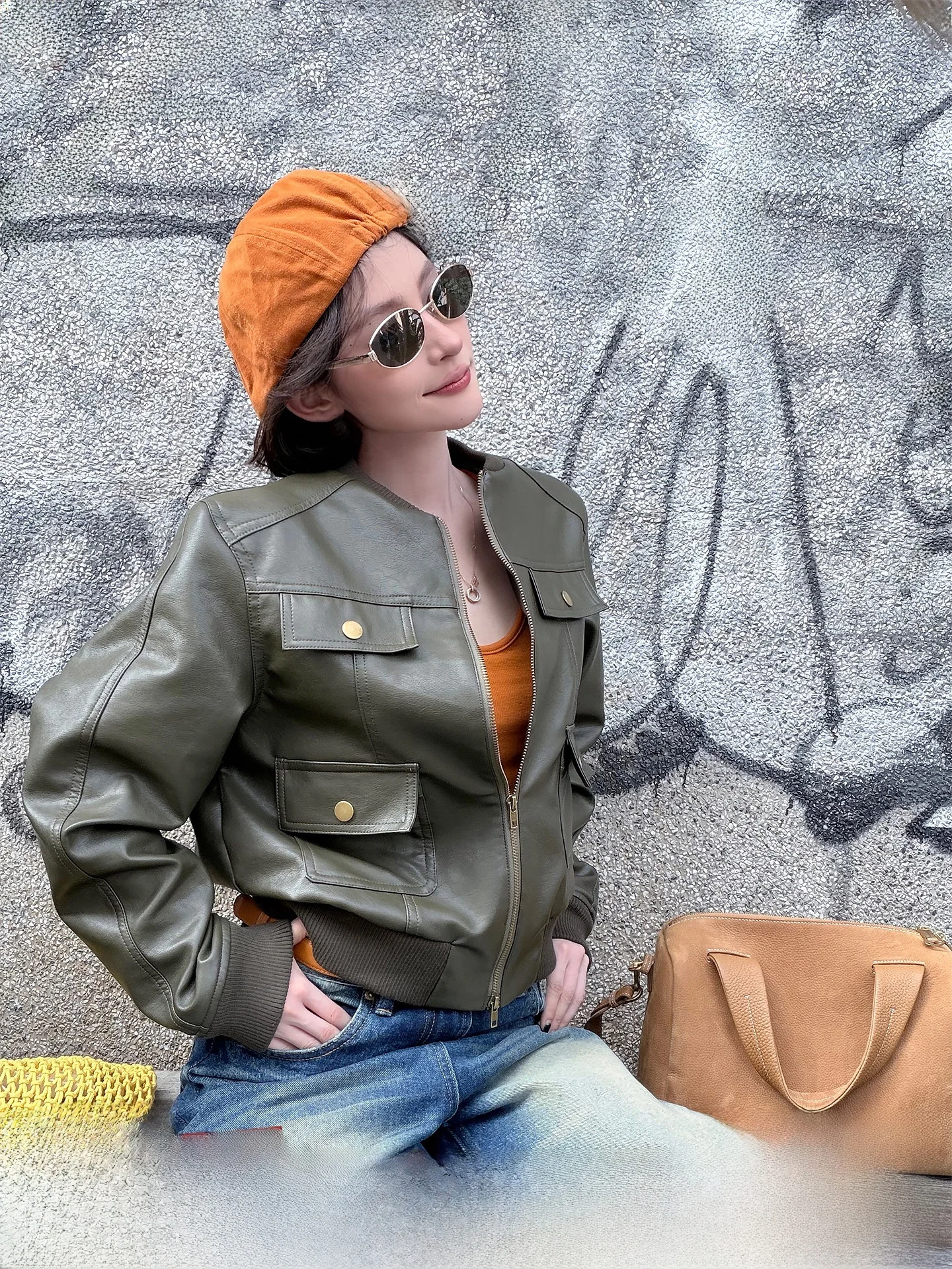 

Wutong Retro PU Leather round Ne Long Sve Jaet Women's Spring Loose Outerwear Top Casual Sle Straight Cut Zipper