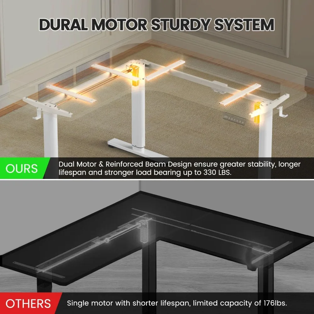 مكتب قائم كهربائي على شكل حرف L مع أدراج، مكتب قائم زاوية مقاس 63 بوصة × 55 بوصة ارتفاع قابل للتعديل، مكتب مكتب منزلي قائم