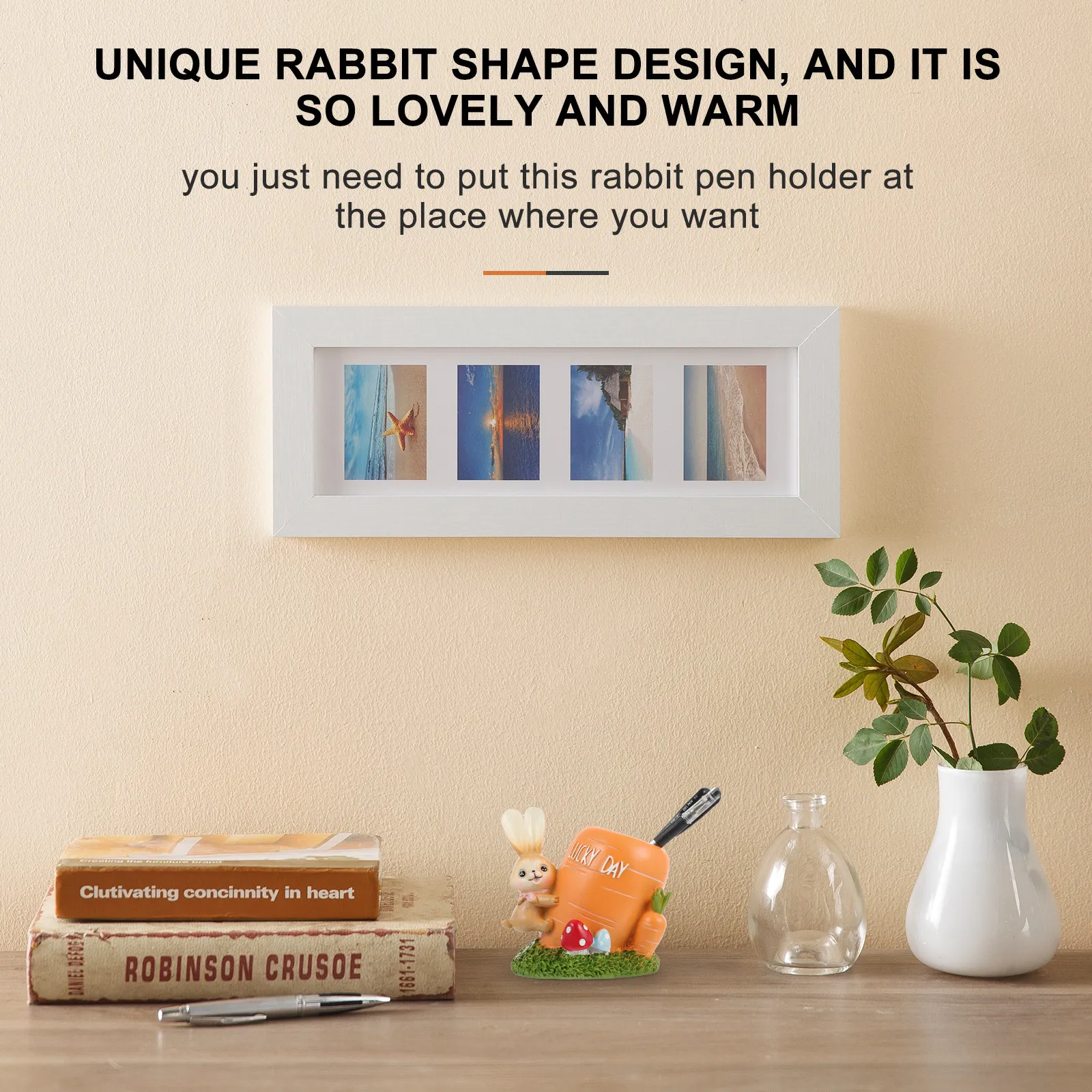 Premium Resin Rabbit Pen Holder Desktop Storage Box Carrot Stump Design for Office Home Desk Bathroom Kitchen Living Room Pencil