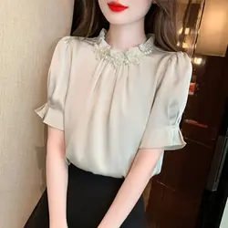 Women Summer Fashion Trend Loose Ruffles Solid Color Short Sleeve Shirts Women Clothes Casual All-match Appear Thin Pleated Tops