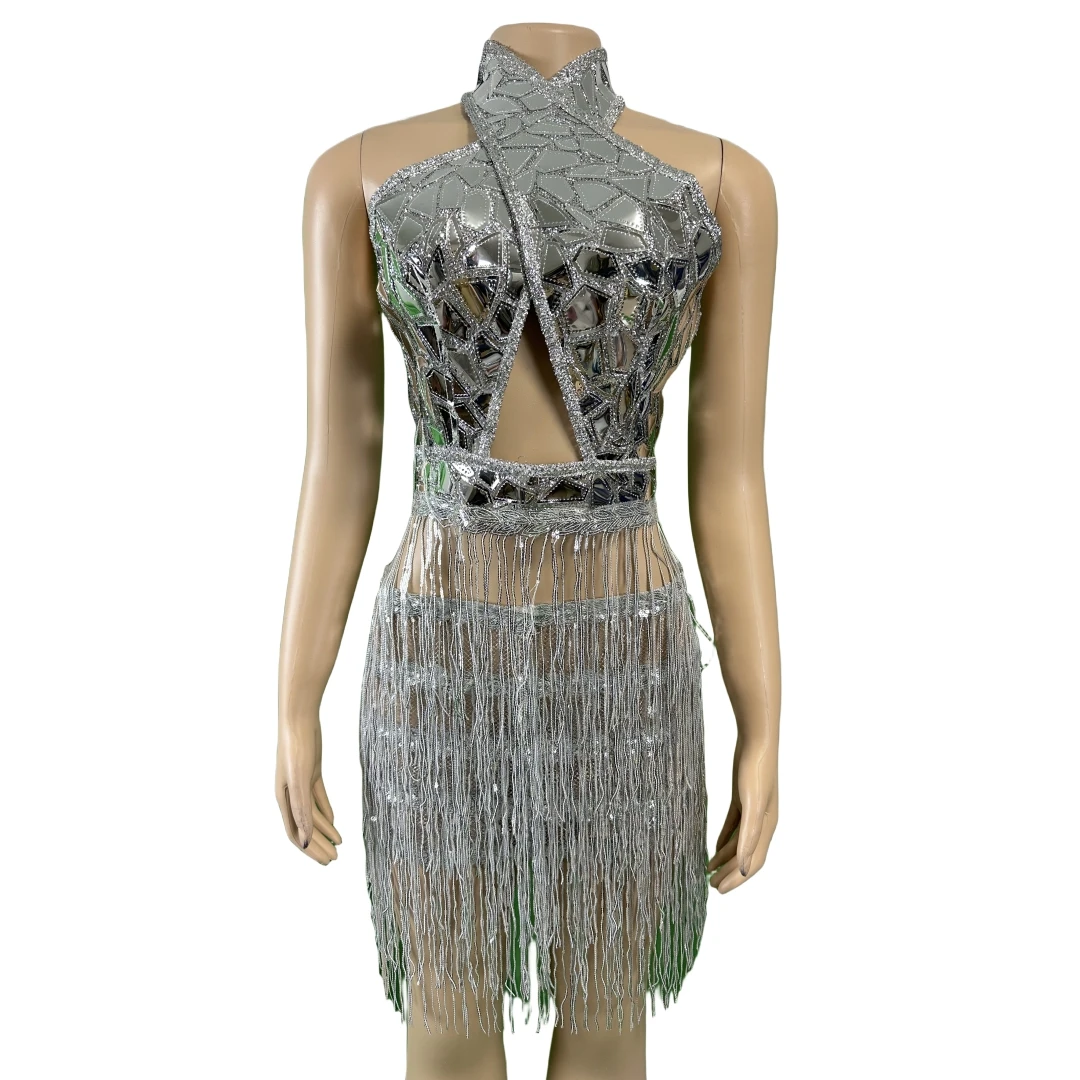 

Silver Mirror Sequins Dress Design For Women Night Clubbing Bling Bling DJ DS Gogo Fringe Sexy Singer Stage Wear Shinning Outfit