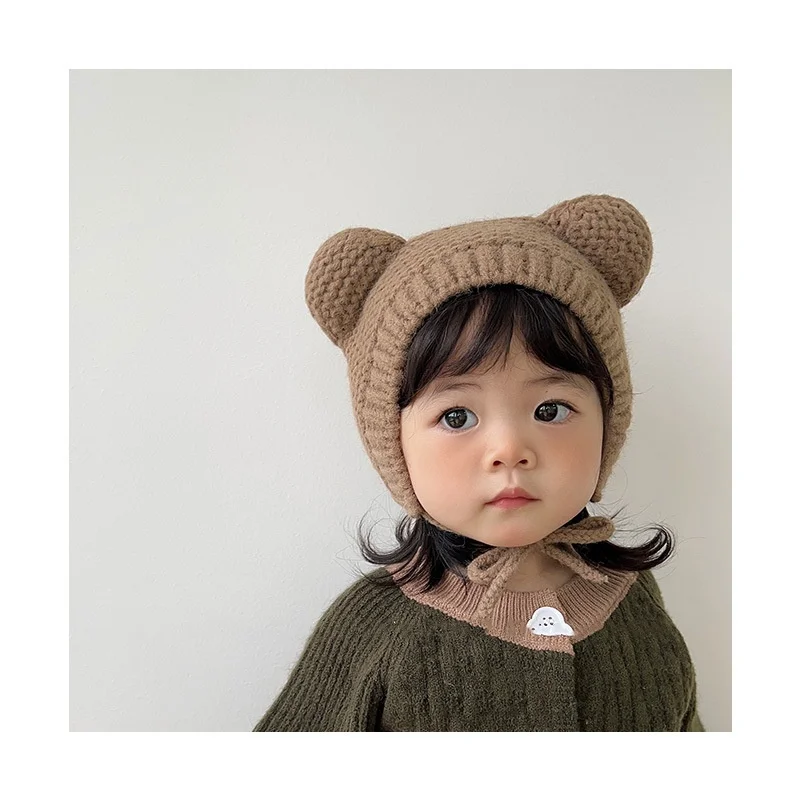 Cute Winter Warm Kids Girl Boys Baby Hats Fleece Wool Hemming Caps with Ball Solid Wool Ear Protection Hats Soft Newborn Bonnet