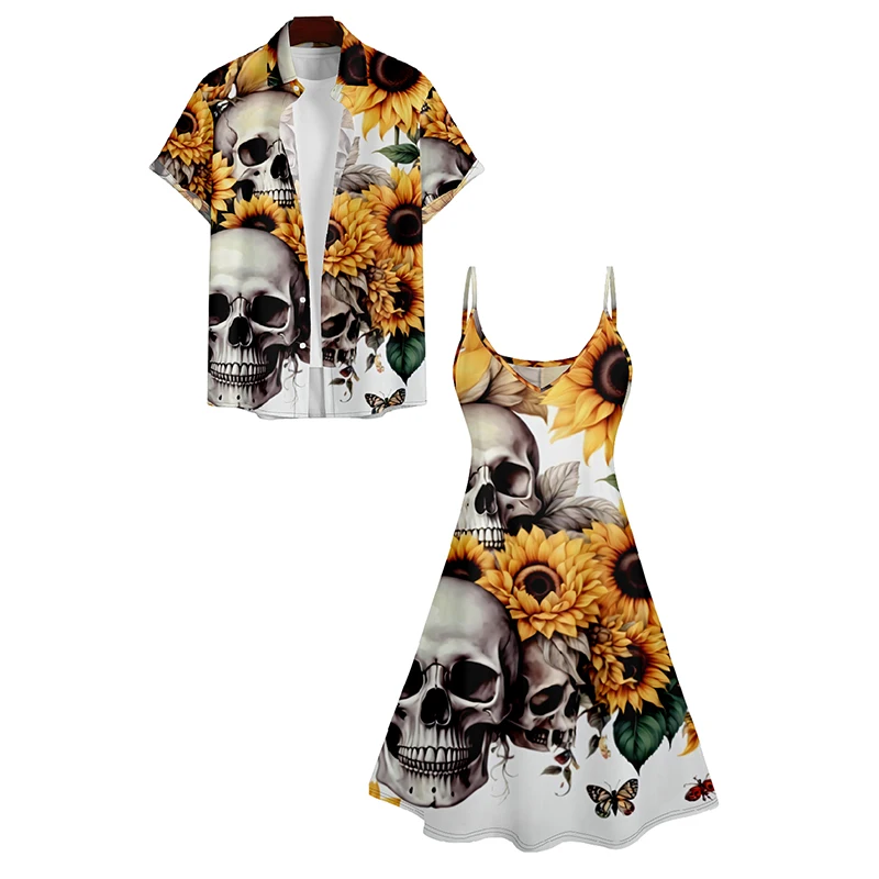 

Dressfo Пара Комплект Череп Подсолнух Принт V-образный Вырез Высокая Талия Платье на тонких бретельках и Рубашка Свернутыми Рукавами Гавайский Наряд
