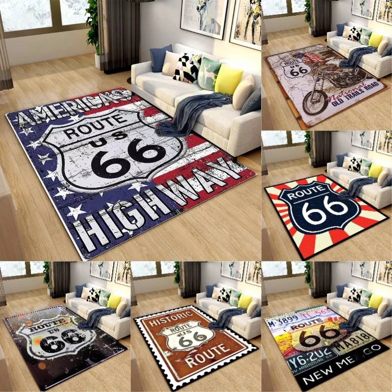 Vintage Route 66 Area Rug Historic US Highway Retro Distressed American Road Sign Design Non-Slip Floor Carpet for Living Room