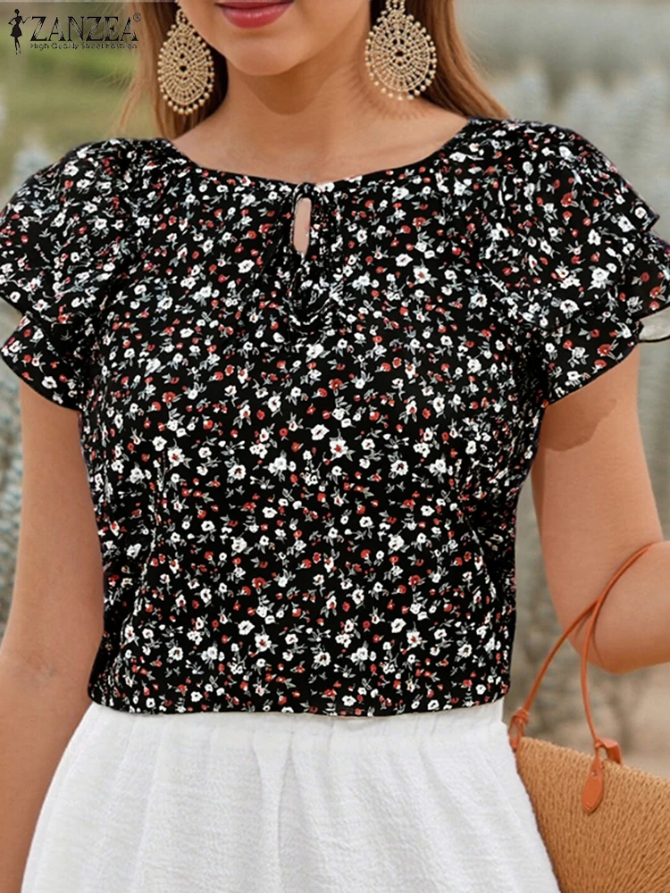 ZANZEA Holiday Lace Up Tunics Women Floral Printed Blouse Fashion Ruffled Short Sleeve Tops Vintage 2025 Summer Commuting Blusas