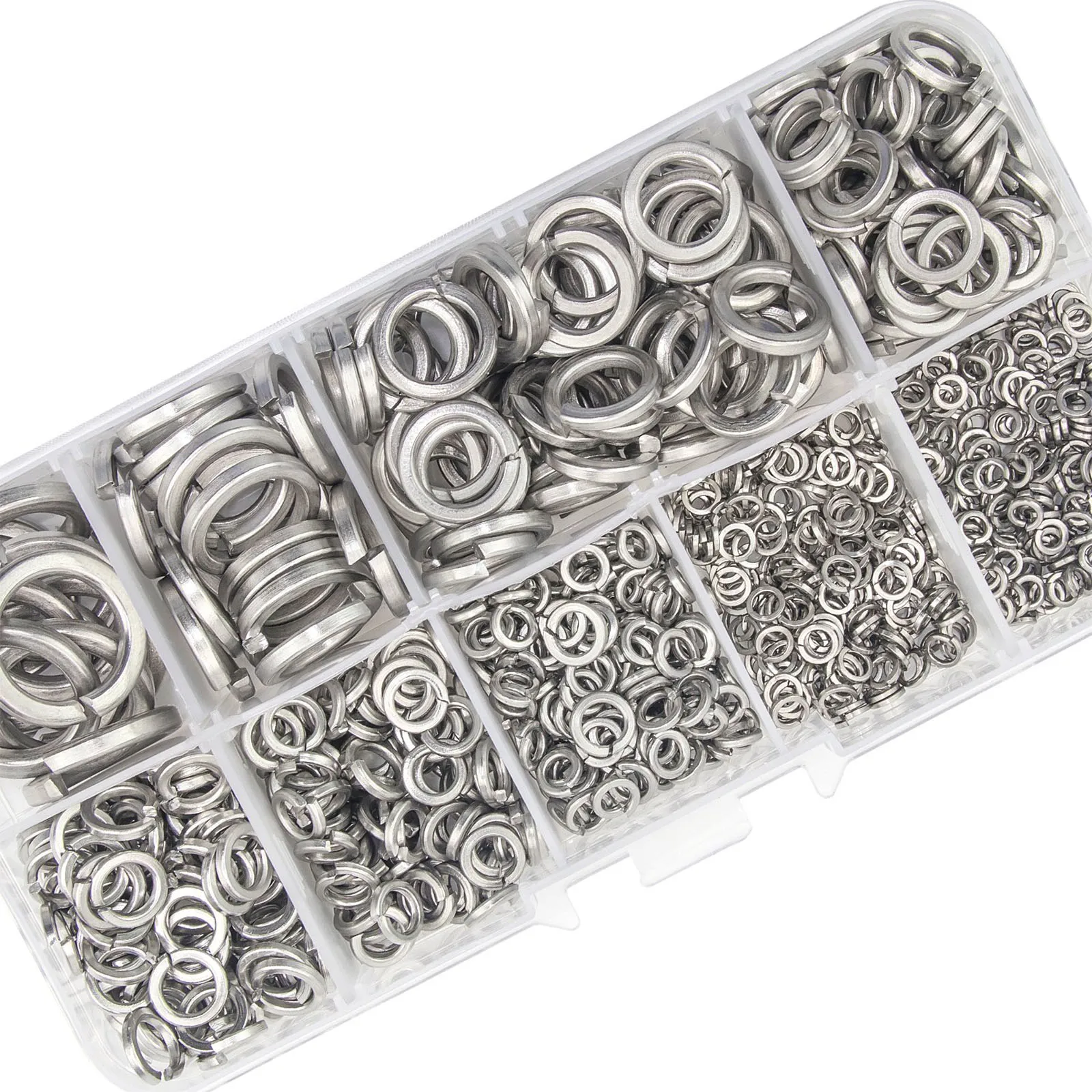 410pcs/600pcs Stainless Steel Spring Lock Washer Set, 9 Sizes - M2 M2.5 M3 M4 M5 M6 M8 M10 M12