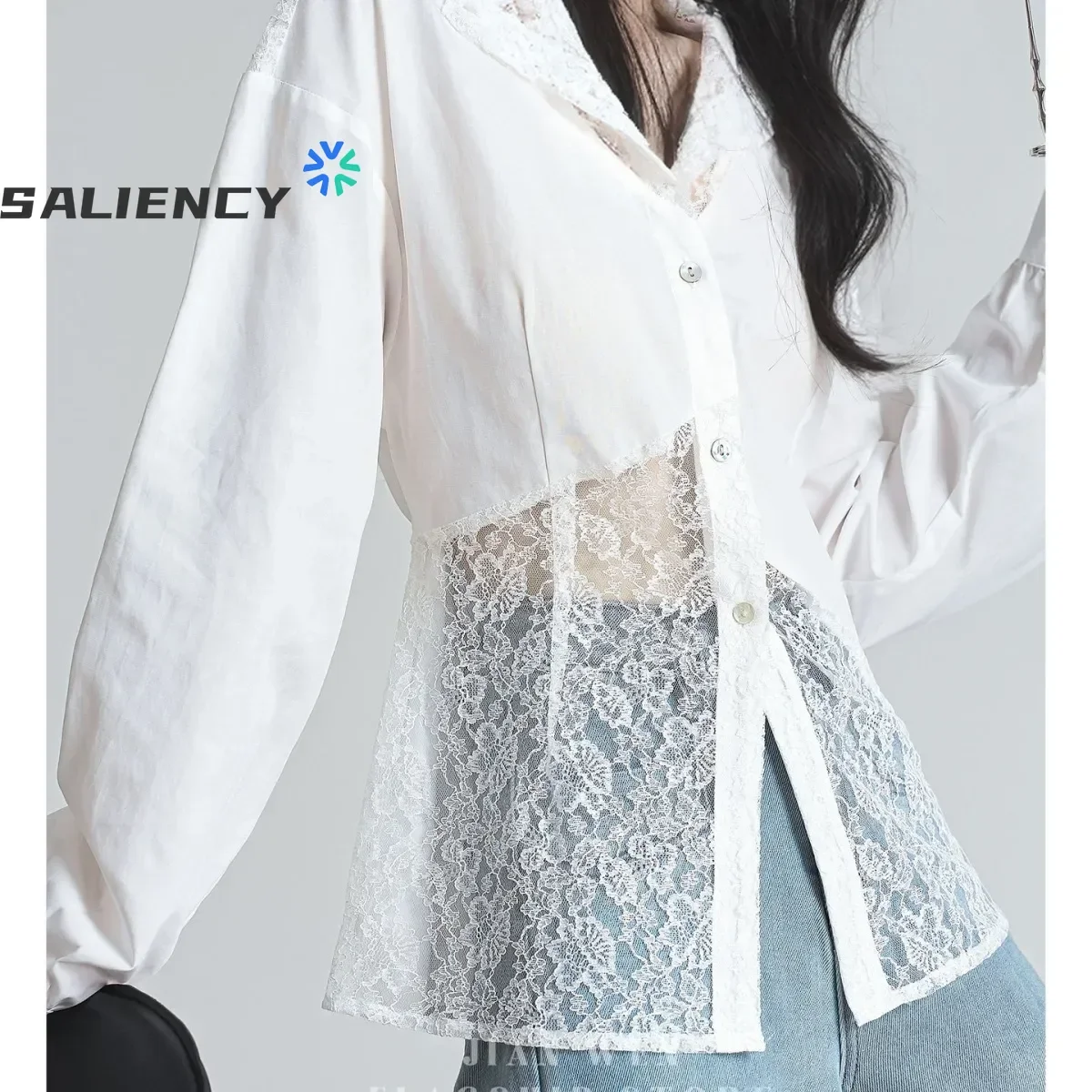 

Женская блузка SALIENCY с французским кружевом, белая, с V-образным вырезом, в стиле пэчворк, модная, корейская, с вырезами, на одной пуговице, с длинным рукавом