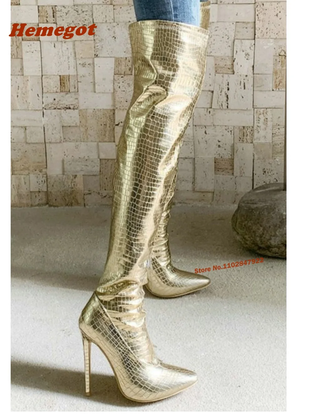 Over The Knee Boots Metallic Stiletto Golden Pointy Toe Thin High Heels Casual Boots for Female Stone-Pattern Glossy Plus Size