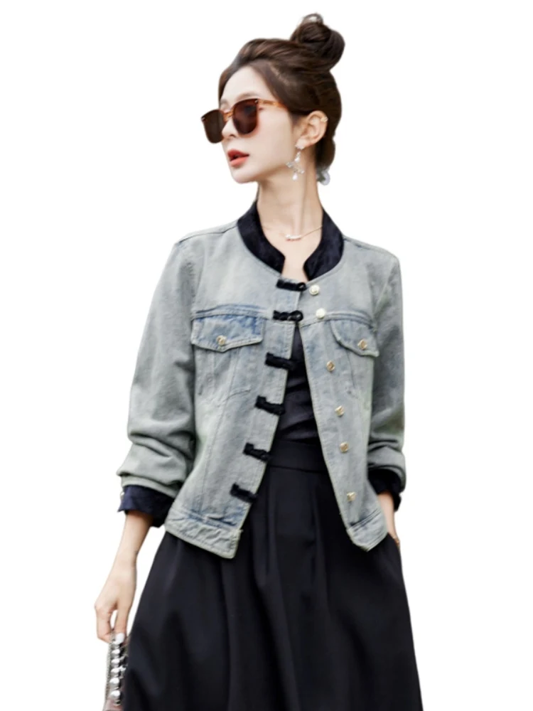 Nieuwe Chinese Sle ort Denim Jaet Dames Gewatteerde oulder Stand Kraag Button up Top Lente 2025 Faion Pendelen Wind