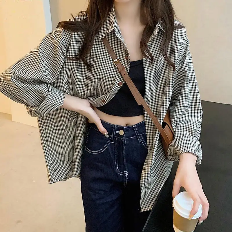 Fashionable Retro Plaid Shirt Women's Loose Long Sleeve Collar Professional Shirt Autumn New Style Korean Version Brown