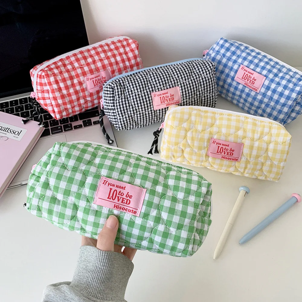 Bolsa acolchada de moda para bolígrafos a cuadros, papelería escolar para estudiantes, almacenamiento de escritorio, bolsa de maquillaje para chica, bolsa de aseo, regalos