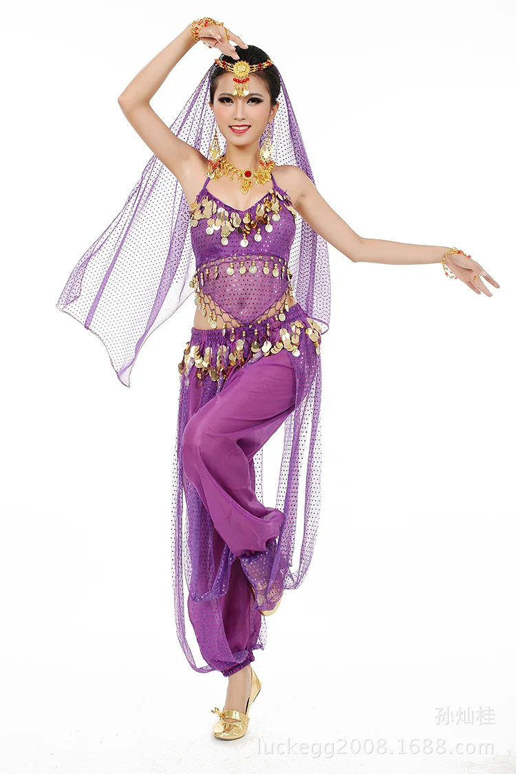 Ubrania do tańca brzucha, biżuteria, welon, top z wycięciem, z łańcuszkiem w talii, 3-częściowy zestaw spodni z wycięciem