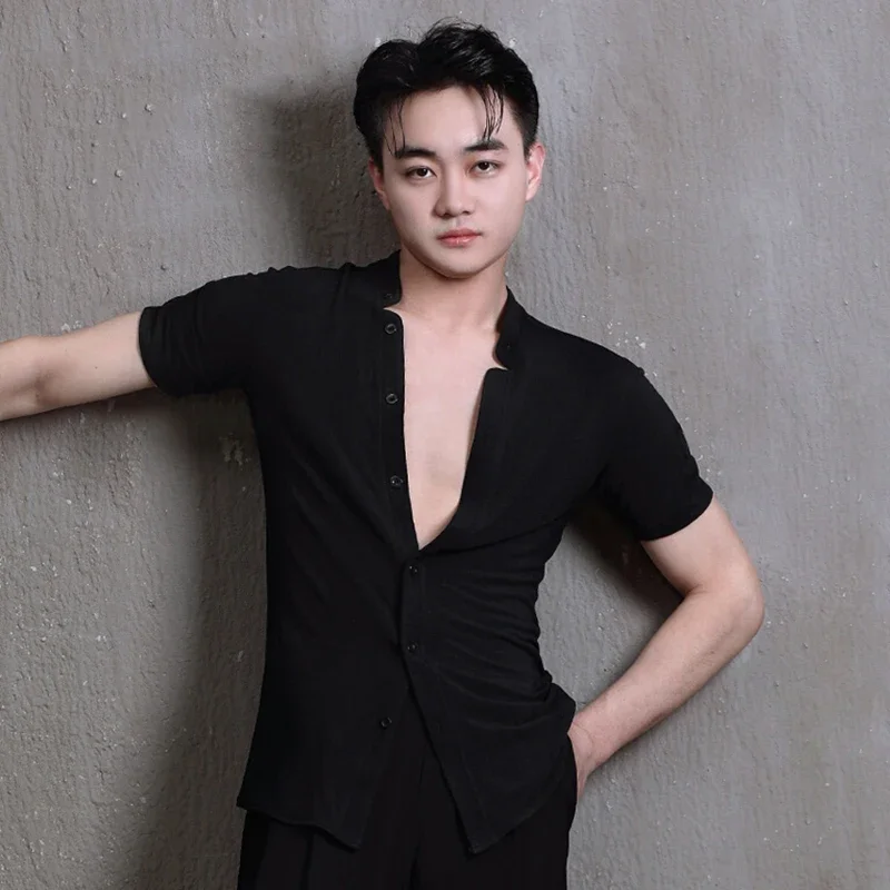 Man Latin Dance Shirt Black Long Sleeve Top Ballroom Performance Outfit White Short Sleeve Shirts Male Training Dancewear 3620