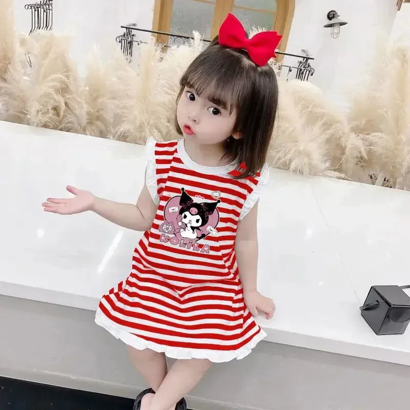 

Sweet Kawaii Anime Sanrio Ins Fashion Striped Casual Dress New Cute Cartoon Kuromi Print Sleeveless T-shirt Skirt Gifts Toys