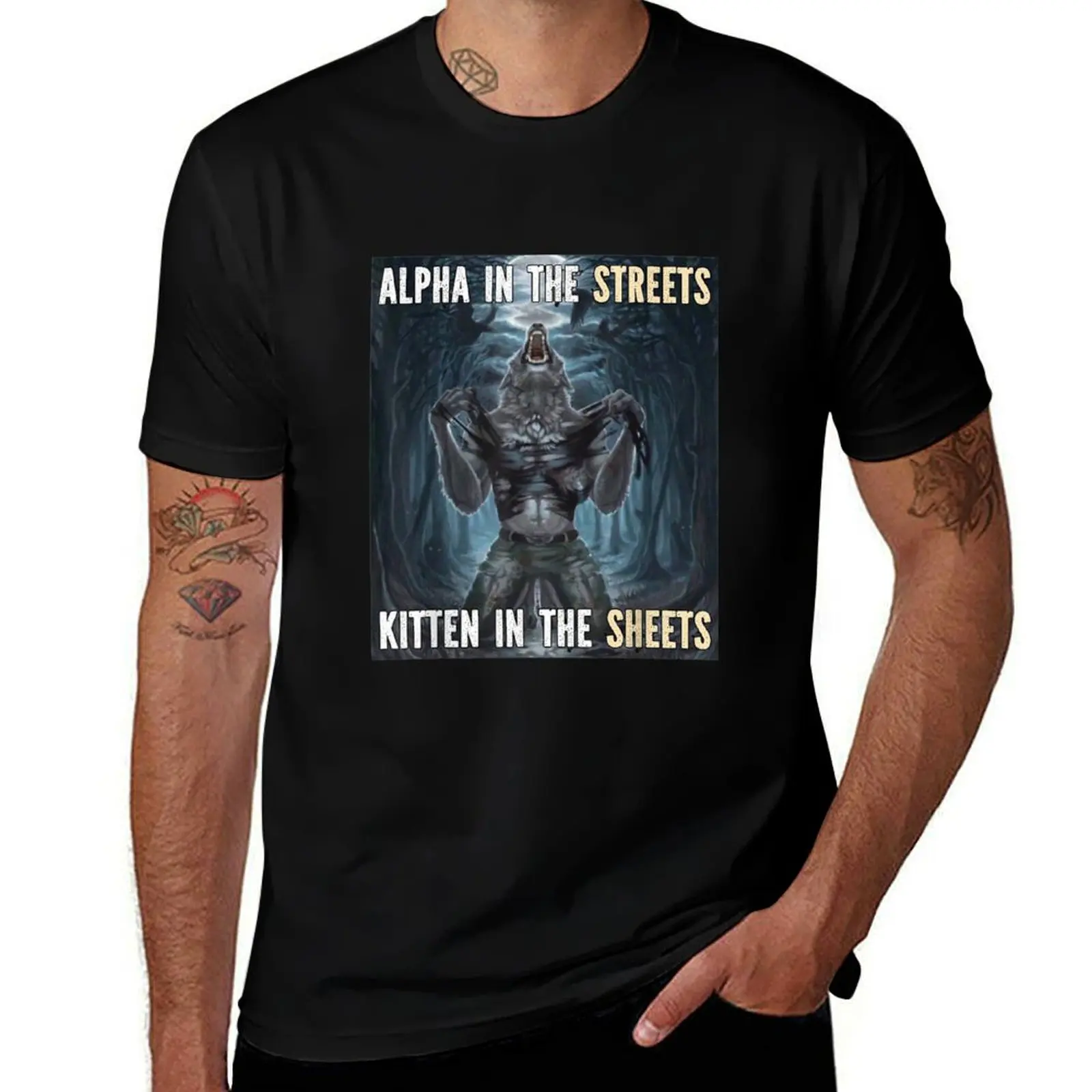 

Alpha In The Streets Funny Cringe Werewolf Meme Wolf T-Shirt tops street wear anime shirt designer shirts mens graphic t-shirts