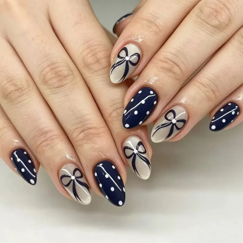 24Pcs False Nails Navy Blue Polka Dot Bow Cat-Eye Retro Press-On Nails—Perfect As A Gift for Girls and Friends