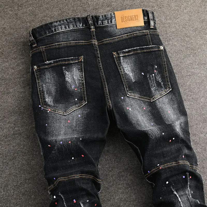 Street Fashion Men Jeans Pocket Designer Retro Black Gray Painted Ripped Jeans Men Stretch Slim Fit Hip Hop Vintage Denim Pants