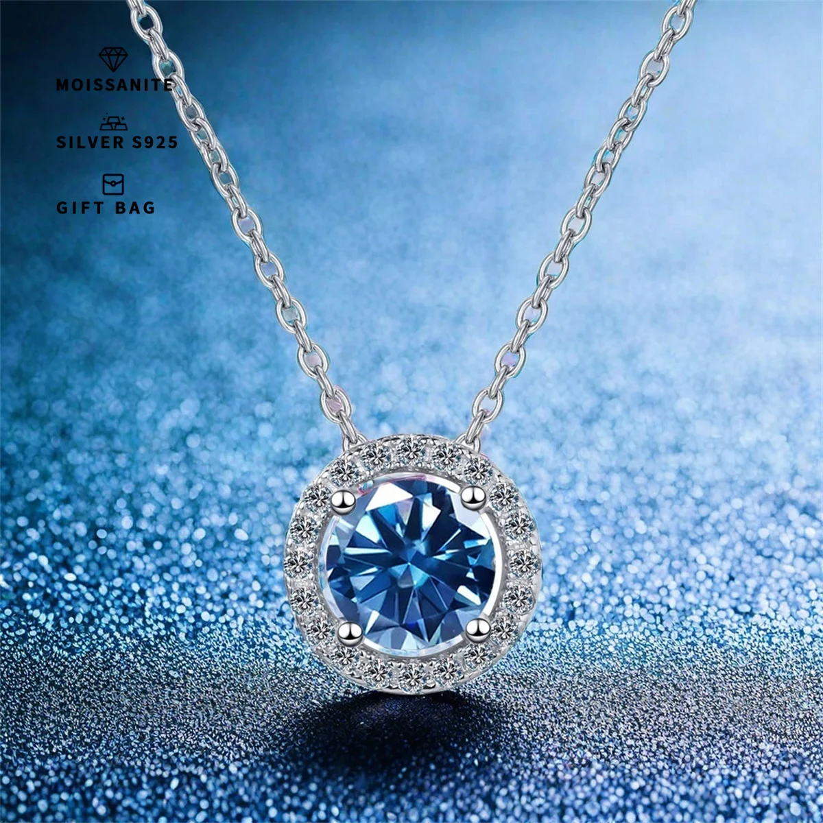 S925 silver plated platinum 0. 5ct/1ct/2CT Men's & Women's pendant inset round Blue GRA moissanite chain luxury jewelry gifts