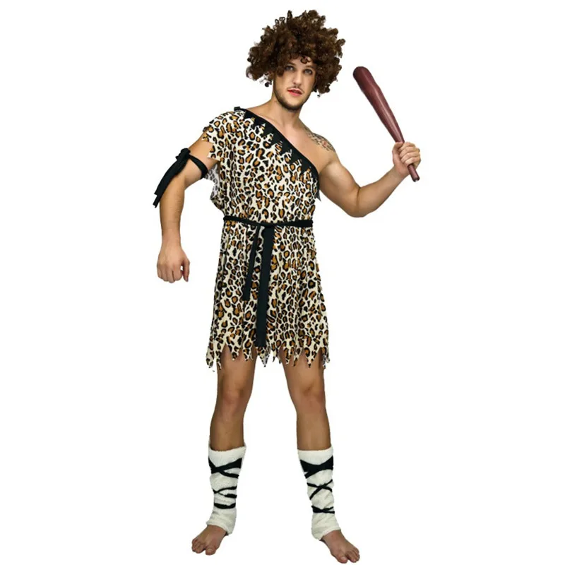 Leopard Print Men Caveman Cosplay Adult Halloween Primitive Costumes Carnival Purim Parade Stage Role Play Show Bar Party Dress