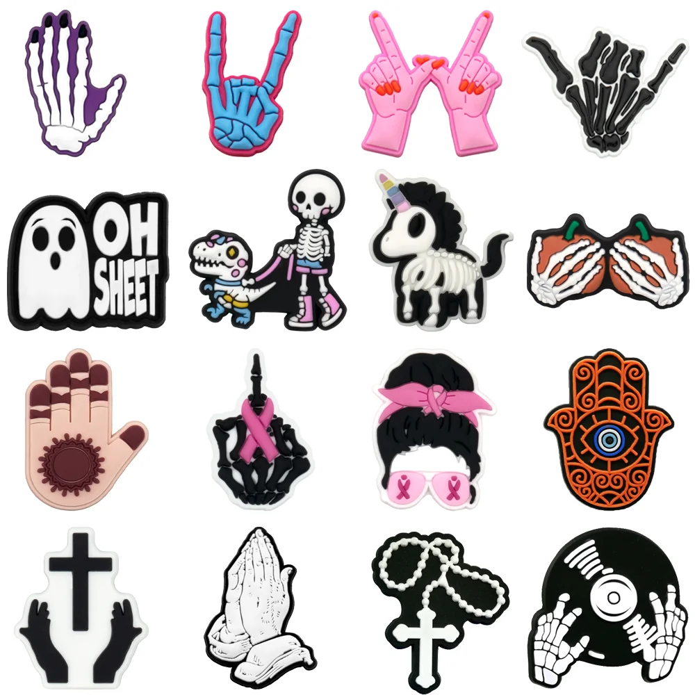 1-16-Piece Set of Spooky Finger Bone Shoe Charms, Cross and Unicorn Charms for Shoes, Sandals Buckle Accessories
