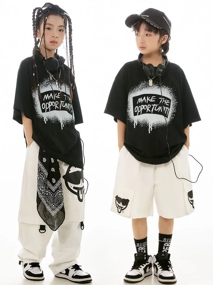 Belle robe de danse de rue pour enfants, tendance, noire, manches courtes, vêtements Hip Hop, marque tendance, robe de danse pour hommes et femmes