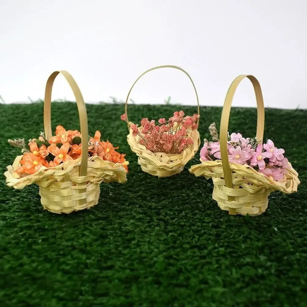 Mini Braid Flower Baskets Accessories with Handle Flower Arrangement Basket Wedding Ornaments Packaging Handheld Baskets