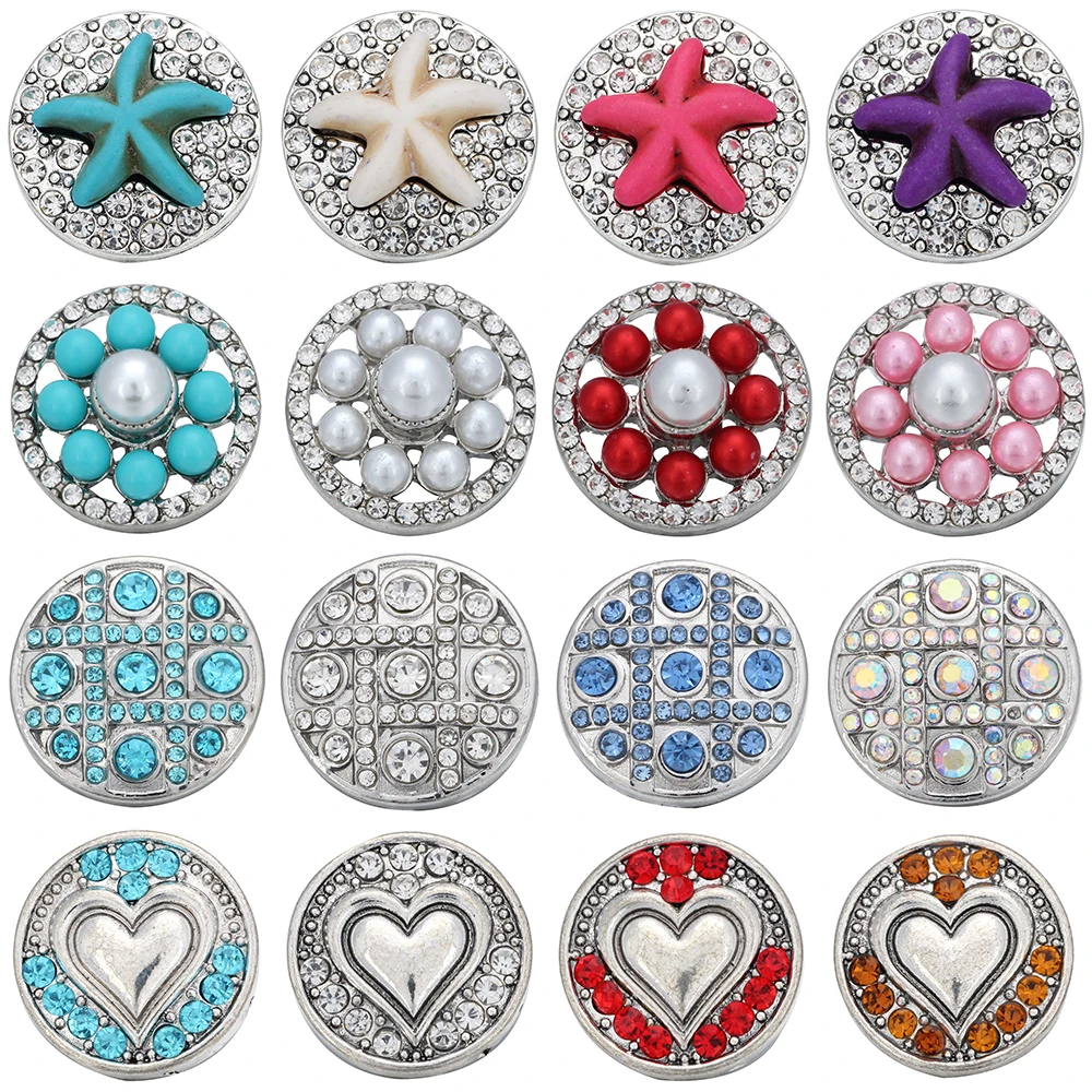 5pcs/lot New Snap Button Jewelry 18mm Snap Buttons Crystal Rhinestone Round Flower Love Starfish Snap Buttons Snap Bracelet